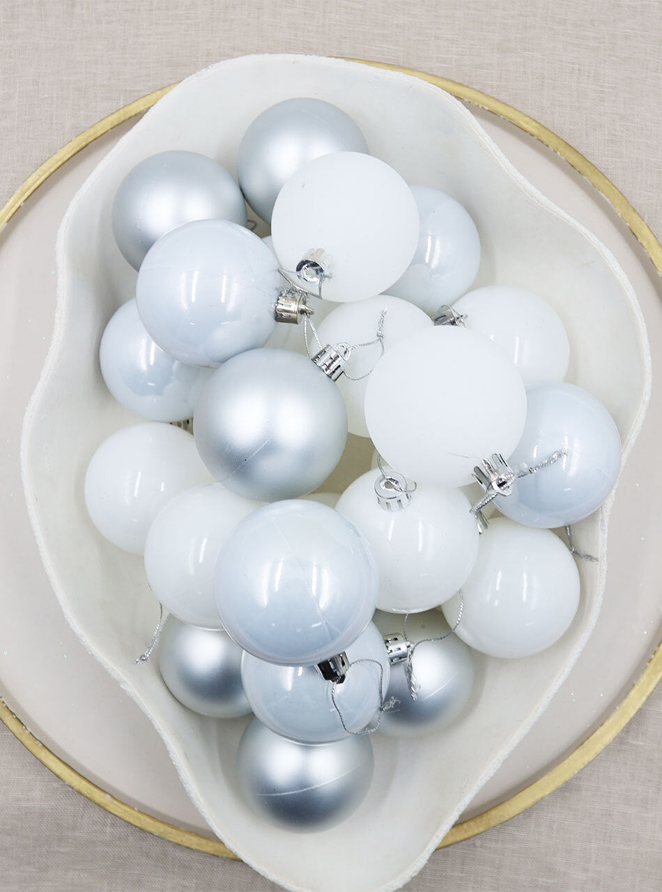 Silver / White Christmas Baubles 70mm Pearl Matt