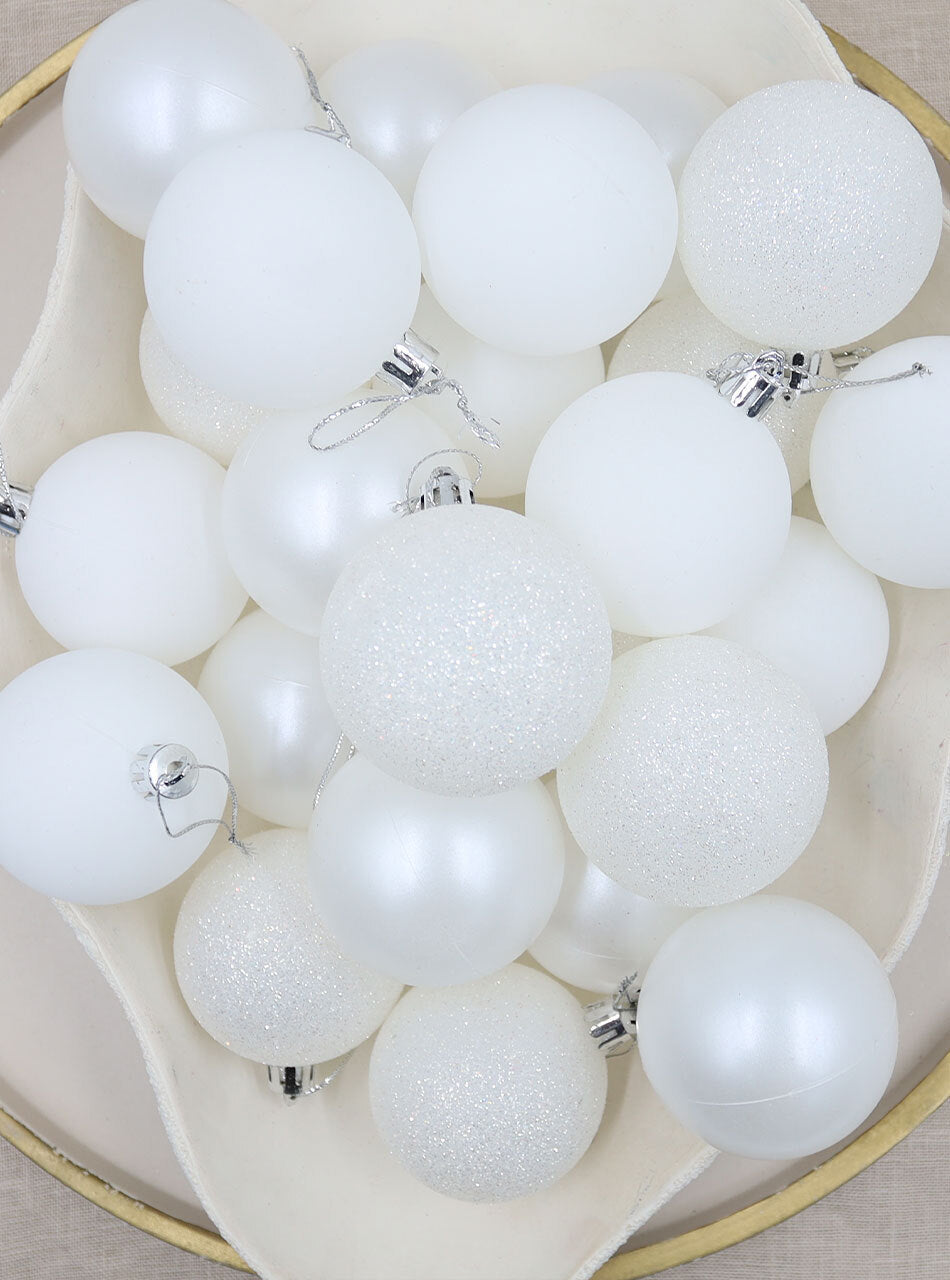 White Christmas Baubles 70mm Pearl Matt Glitter 48 Pack