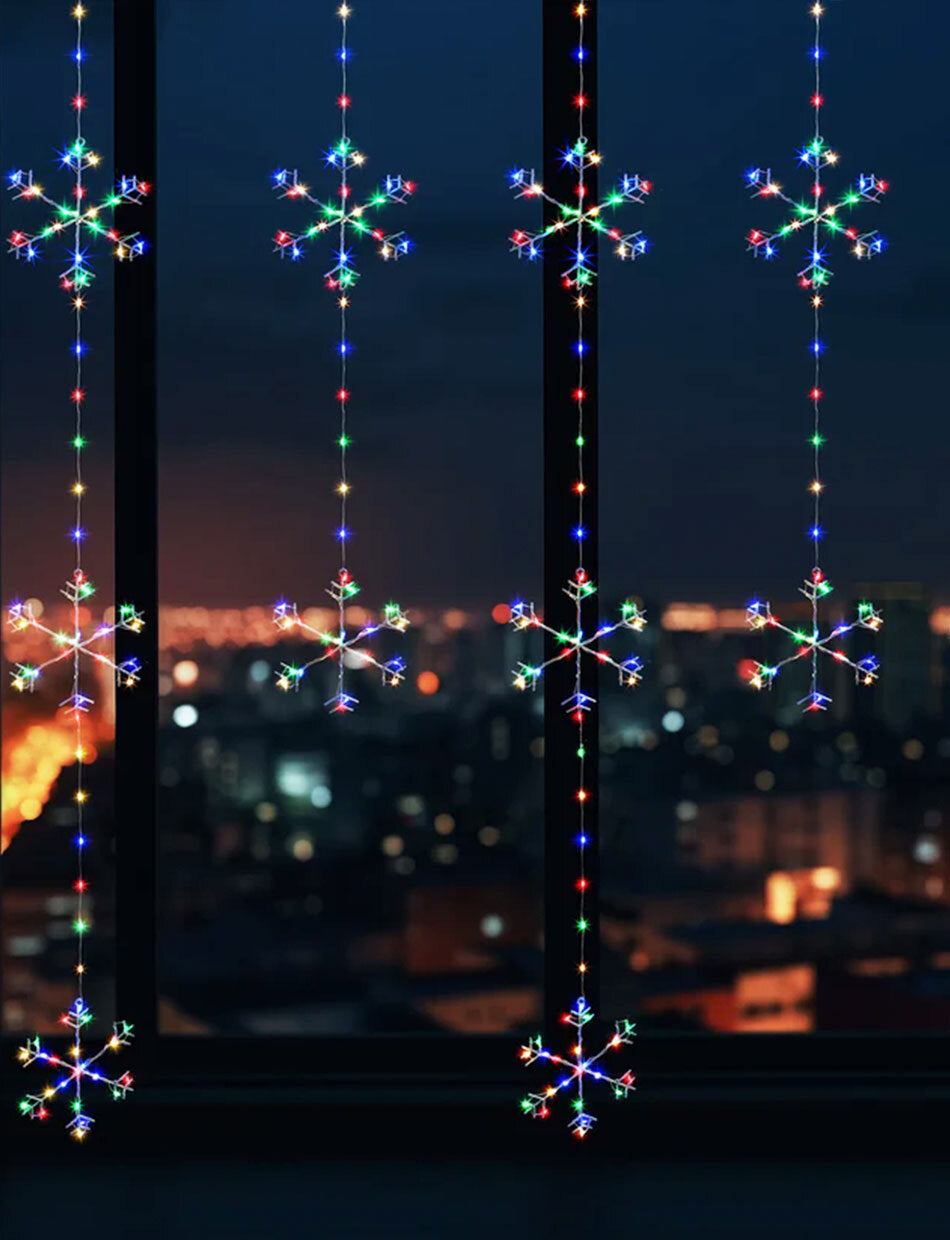 390 MULTICOLOUR LED Curtain Snowflake Lights 130 x 120cm