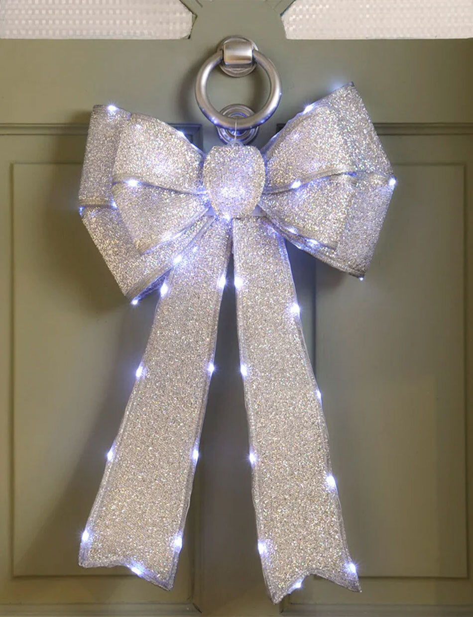 SILVER LED Battery Operated LED Lit Bow
