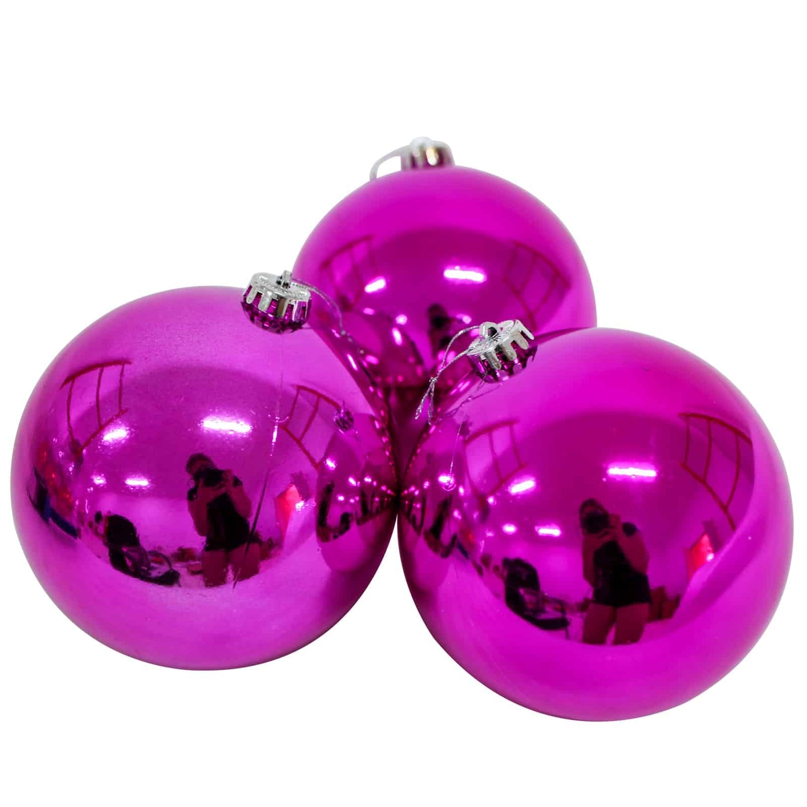 150mm Christmas Baubles HOT PINK 3 Balls Gloss