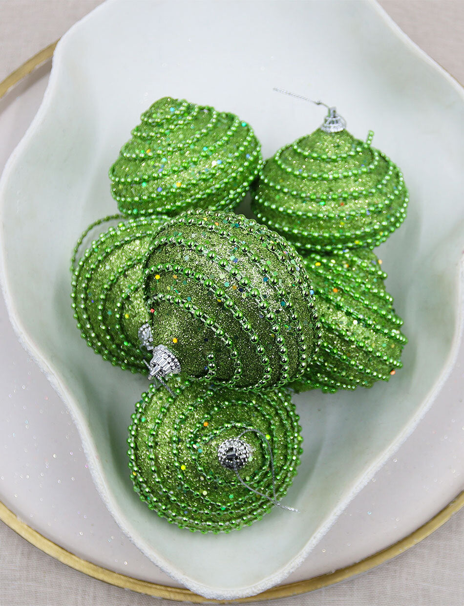 Green Onion Foam Christmas Sequin Baubles 80mm 6 Pack