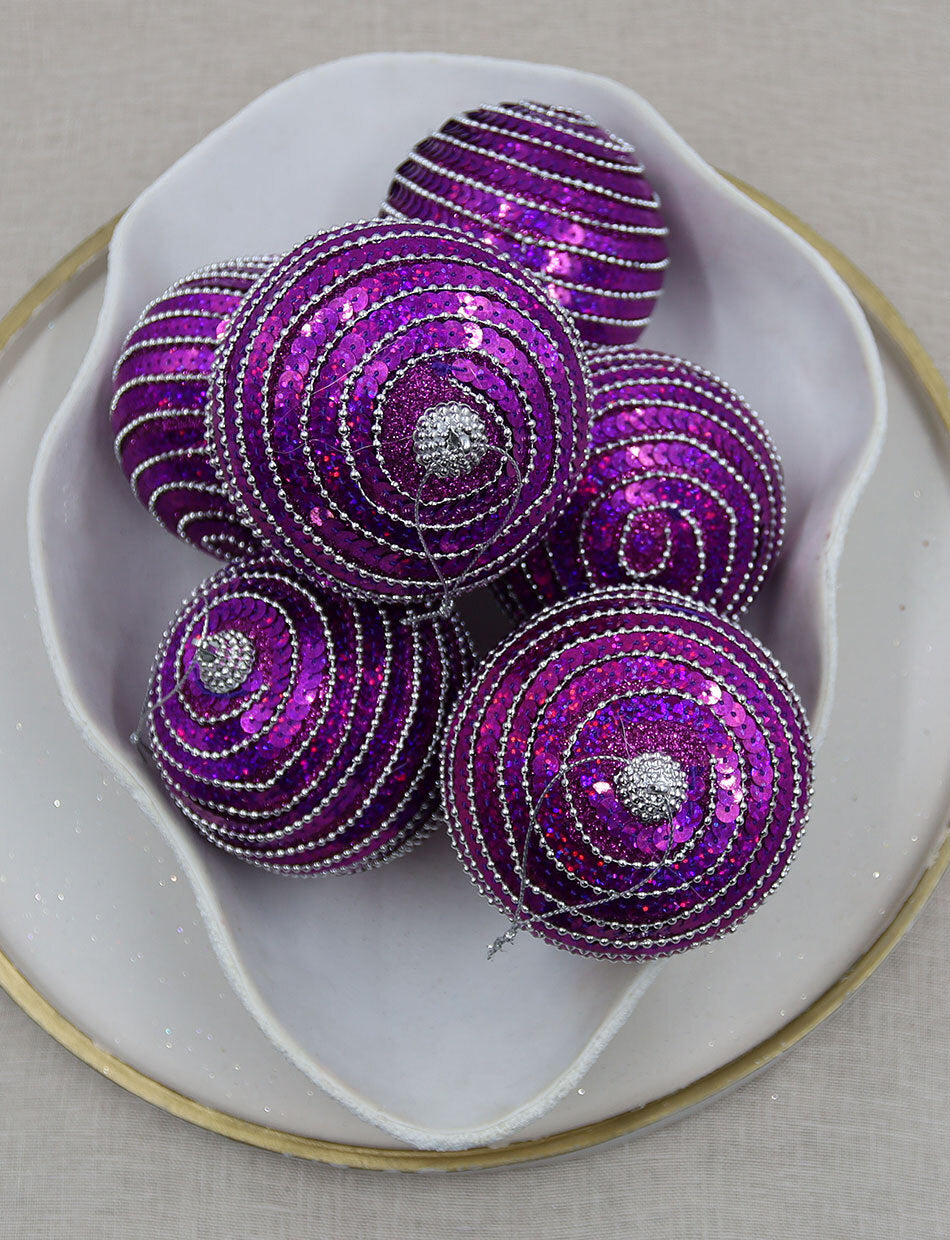 Purple Foam Christmas Sequin Baubles 100mm 6 Pack