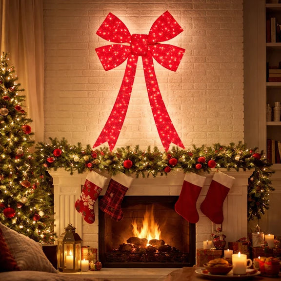 Red Light Up Bow - 160cm, Warm White 280 LEDs