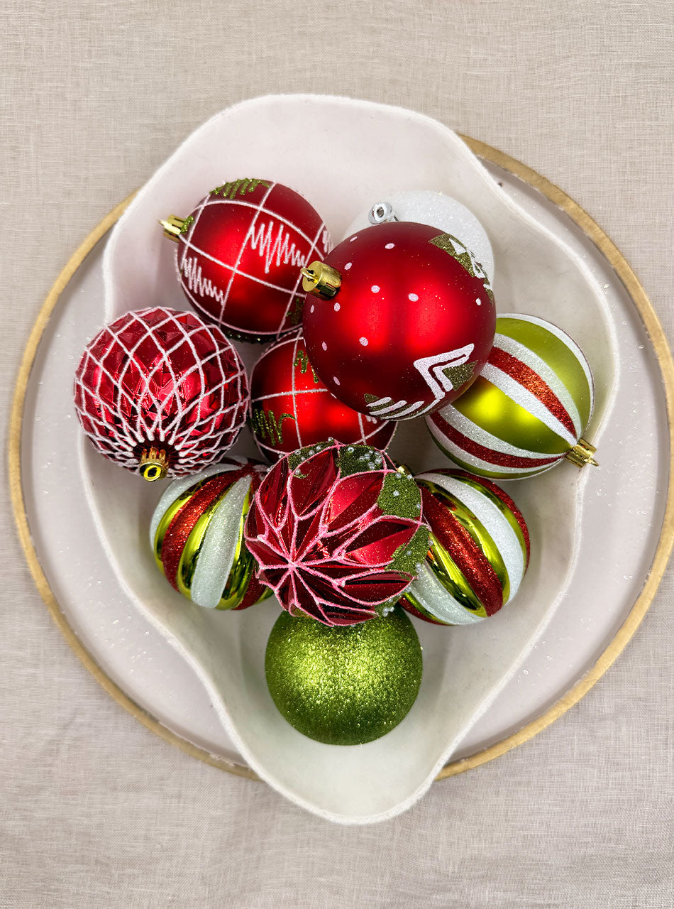 Red, Green & White Decorative Bauble 16 Pack 80mm