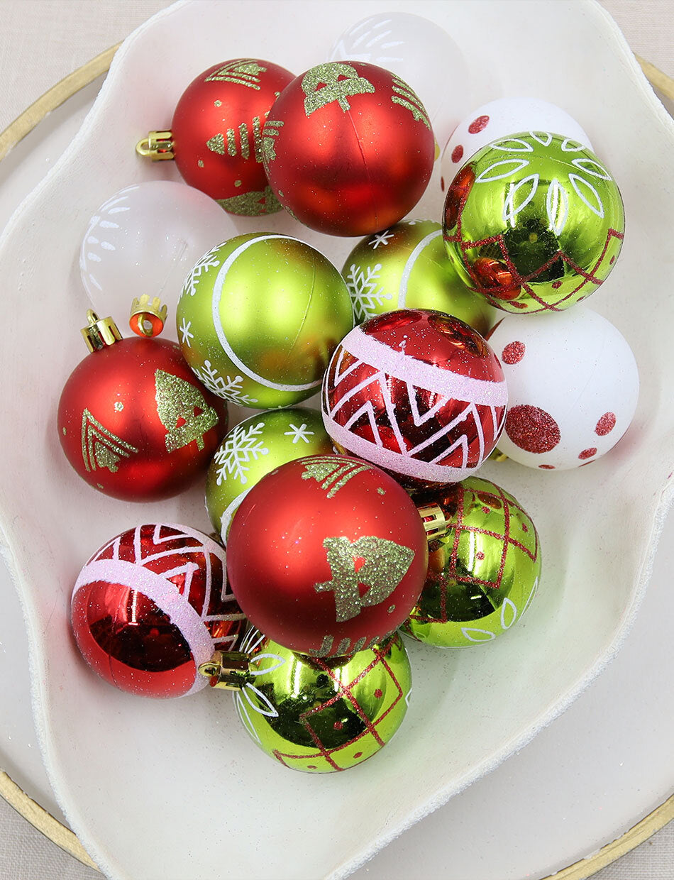 Red, Green & White Decorative Bauble 16 Pack 80mm