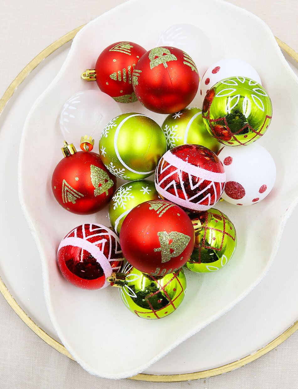 RED APPLE GREEN WHITE 60mm Christmas Baubles 16 Pack