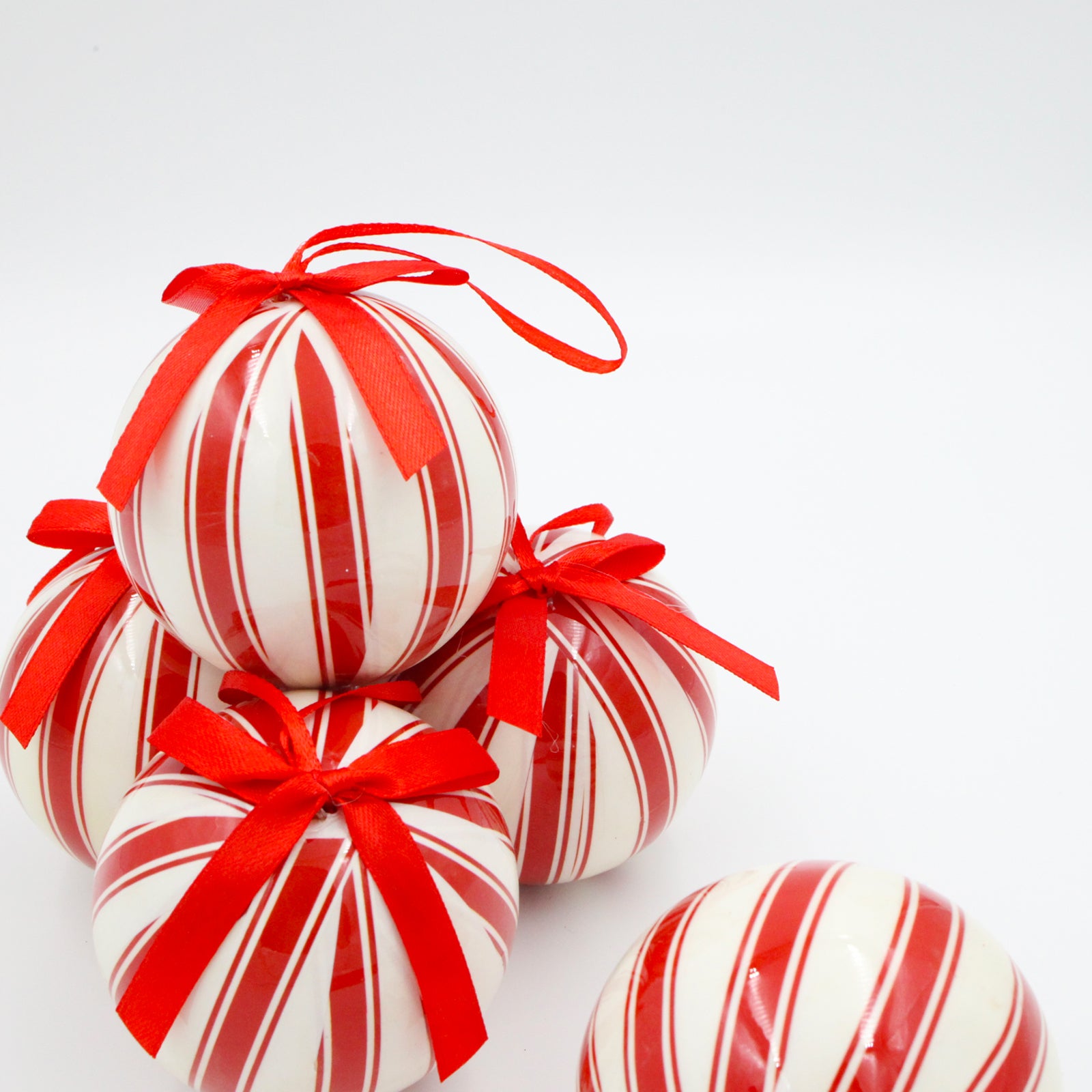 WHITE & RED STRIPE Foam Baubles  75mm  25 Pack