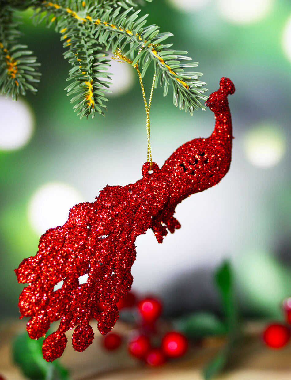 Red Peacock Hanging Tree Decorations 6 Pack