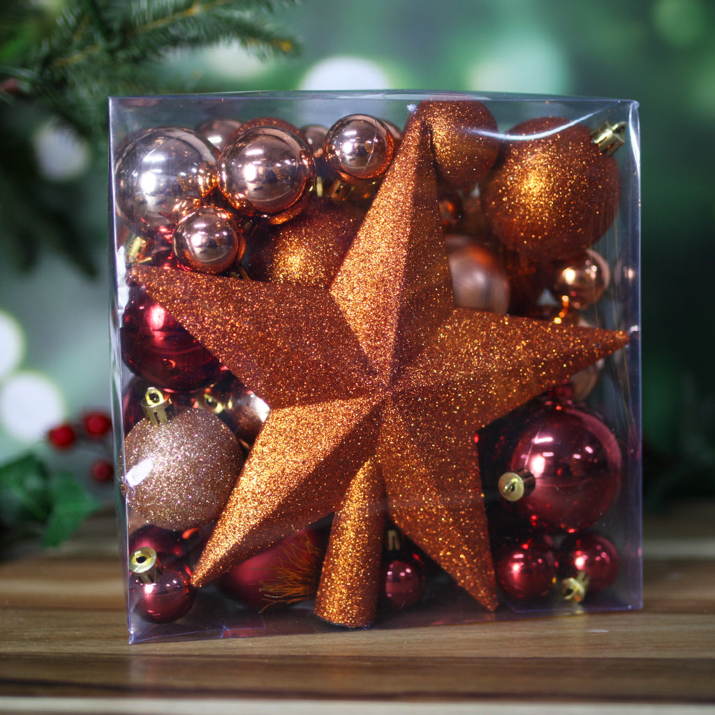 Christmas Tree Bauble 51pc Pack Burnt Orange & Gold