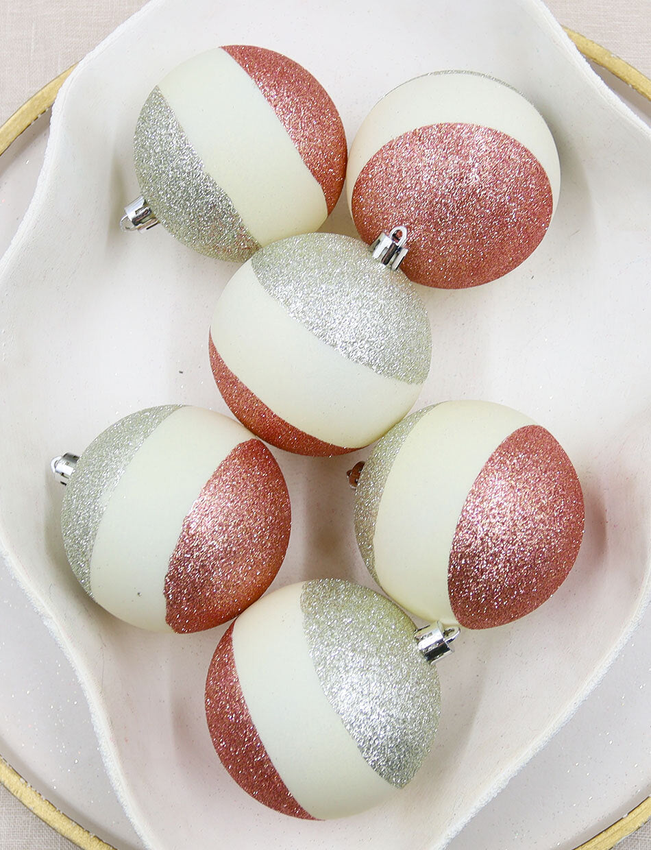 80mm beige baubles with champagne silver glitter and rose gold glitter