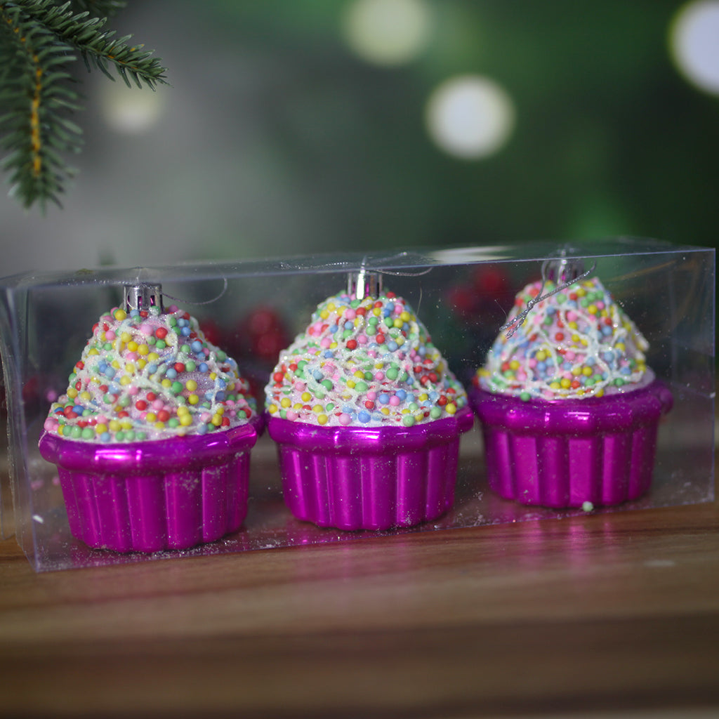 Christmas Tree Cupcake Bauble 3 Pack  Hot Pink Silver