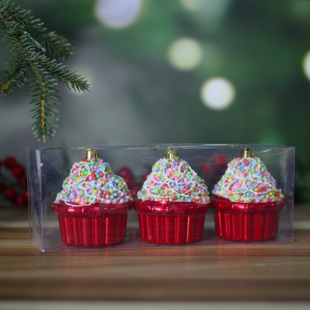 Christmas Tree Cupcake Bauble 3 Pack RED