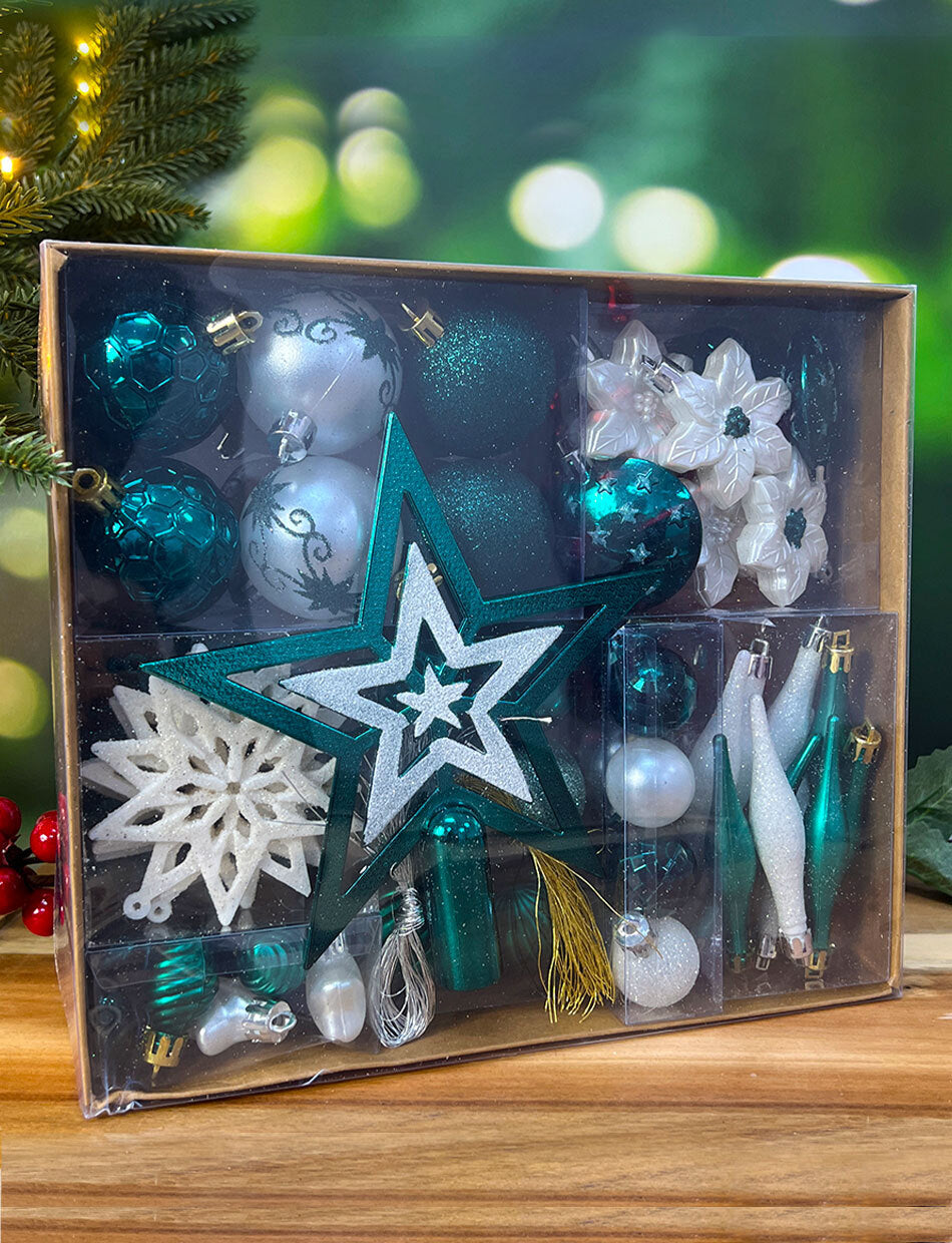 White & Teal Christmas Tree 45pc Bauble Pack