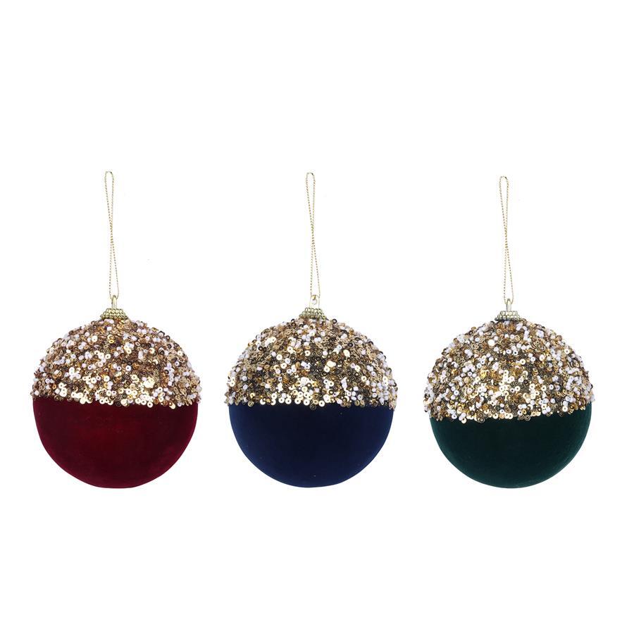 3 x Designer Velvet Christmas Baubles With Glitter