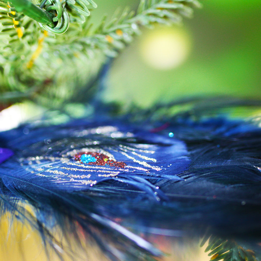 Dark Blue Peacock with Feathered Tail Ornament - 26cm