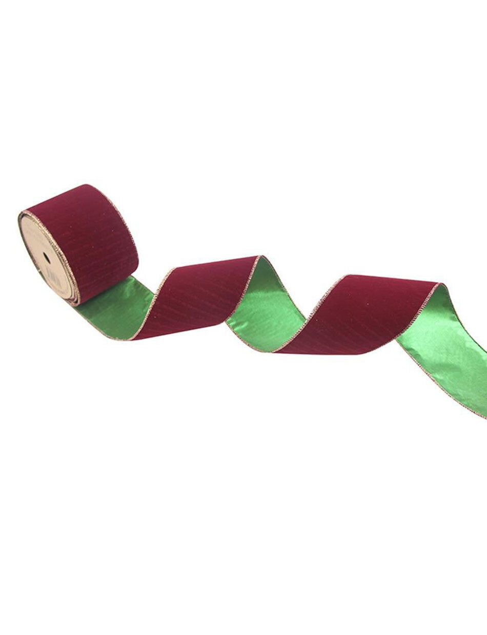Burgundy Green Velour Double Sided Wire Edge Ribbon 10m
