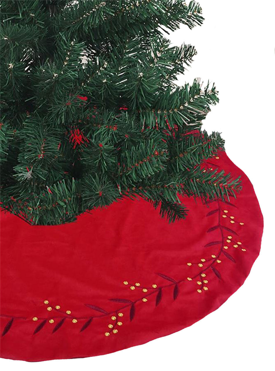 Christmas Tree Skirt RED Berry Velvet Embroidery - 120cm