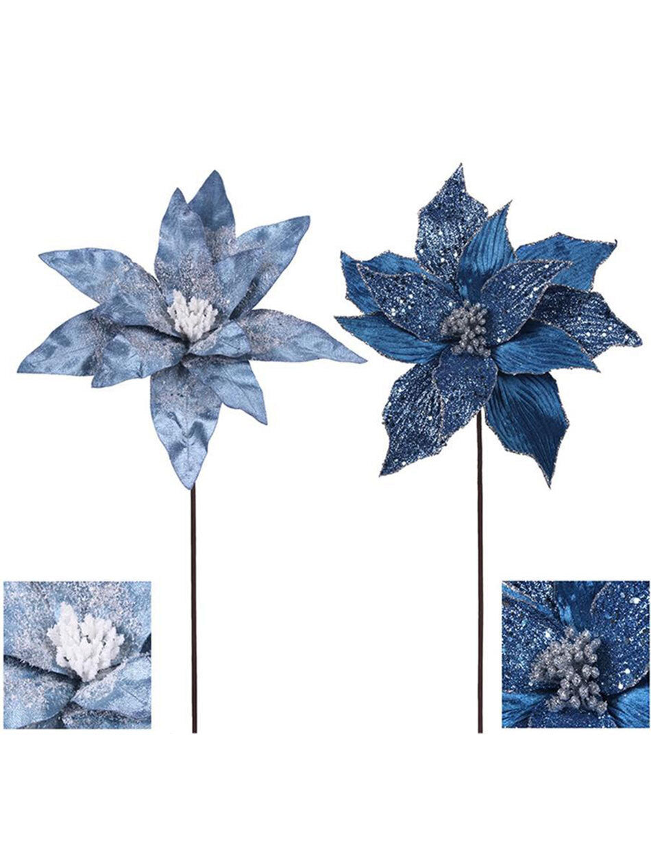 Denim Blue Poinsettia Flower Pick 2 Pack 32cm