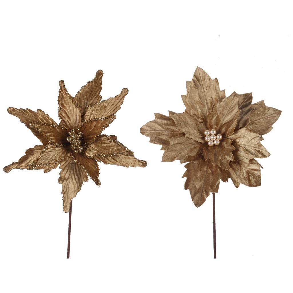 Gold Velour Poinsettia Flower Pick 2 Pack 30cm