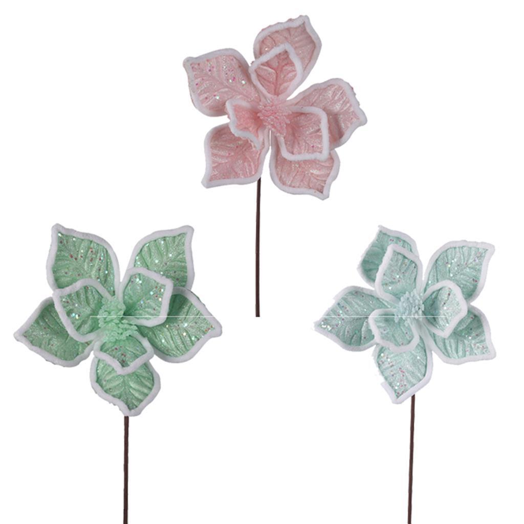 Pink, Mint, Blue Poinsettia Flower Pick 3 Pack 25cm