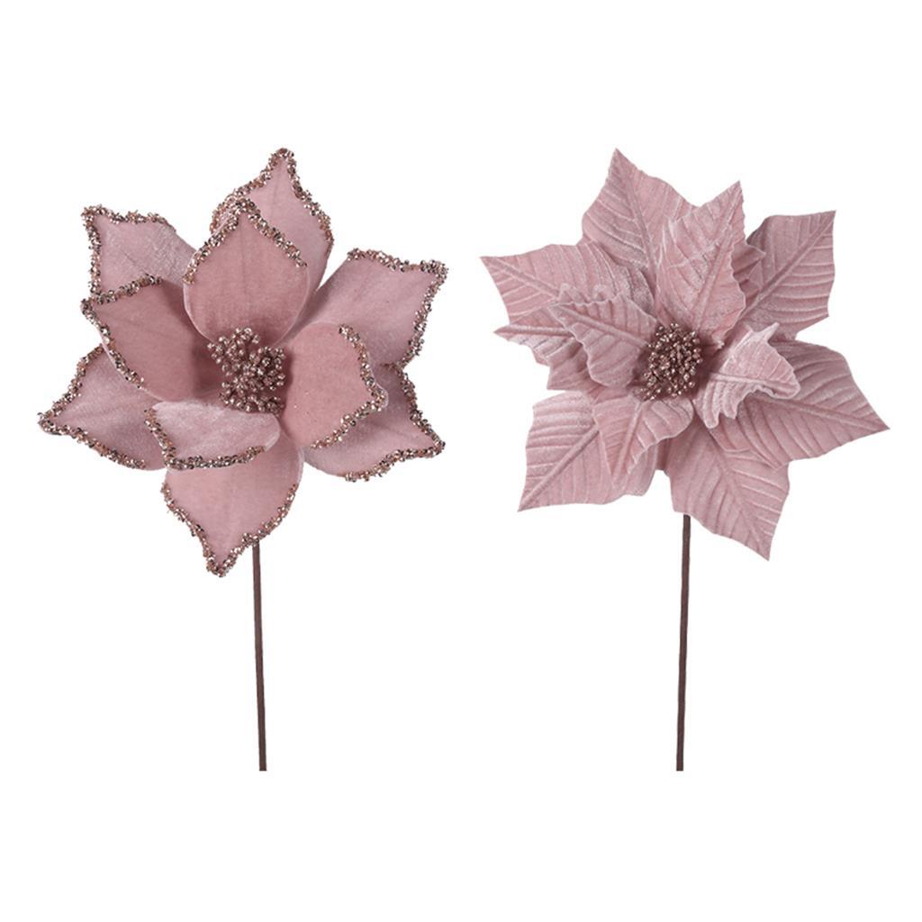 Pale Pink Velour Poinsettia Flower Pick 27cm 2 Pack