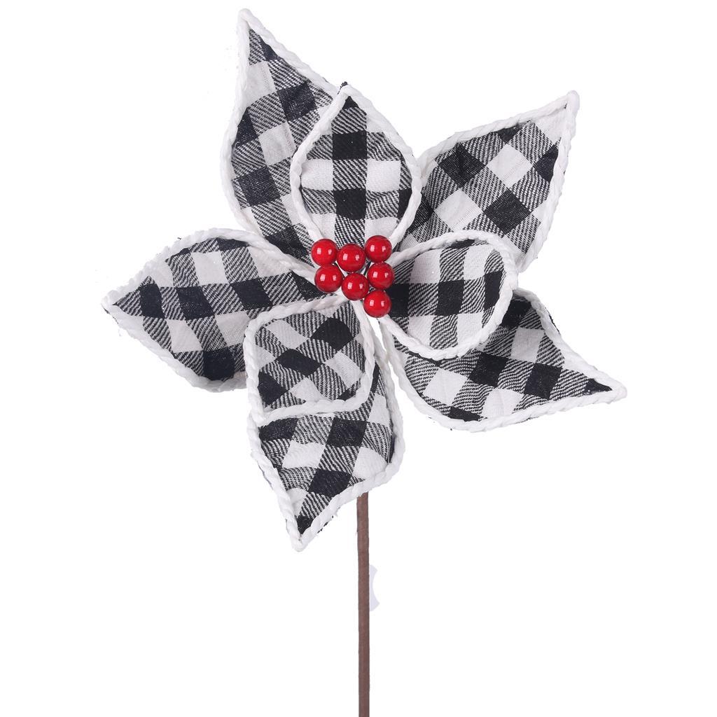 Black & White Poinsettia With Red Berry Flower Pick 25cm
