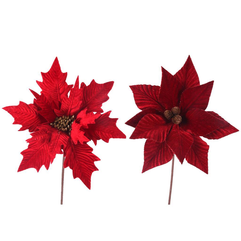 Red Velour Poinsettia Flower Pick 30cm 2 Pack