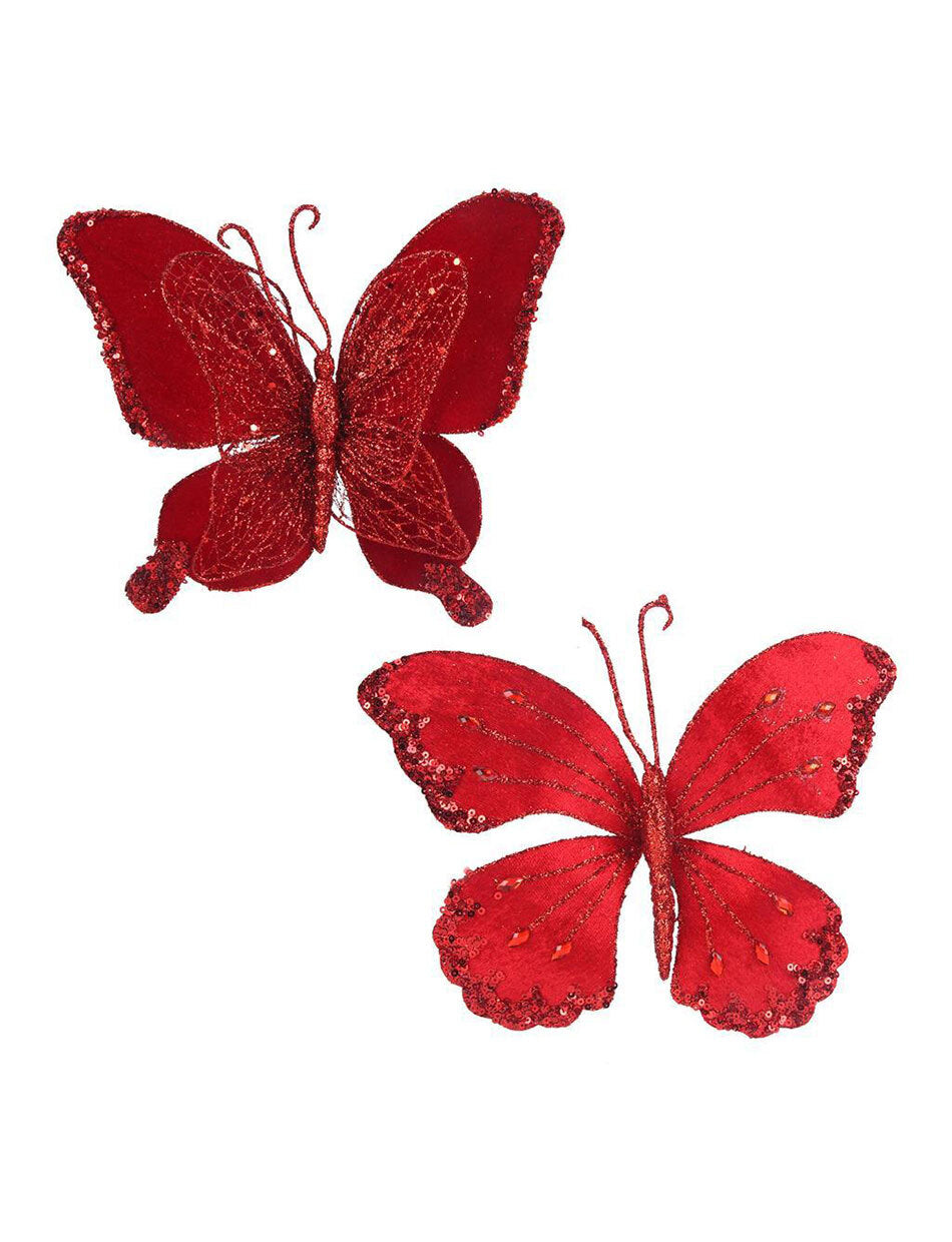 Set of two Red Butterfly Christmas Tree Clips