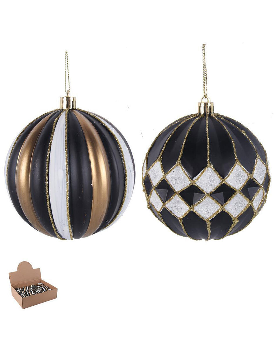 Black white and gold 10cm Christmas Baubles set of 2