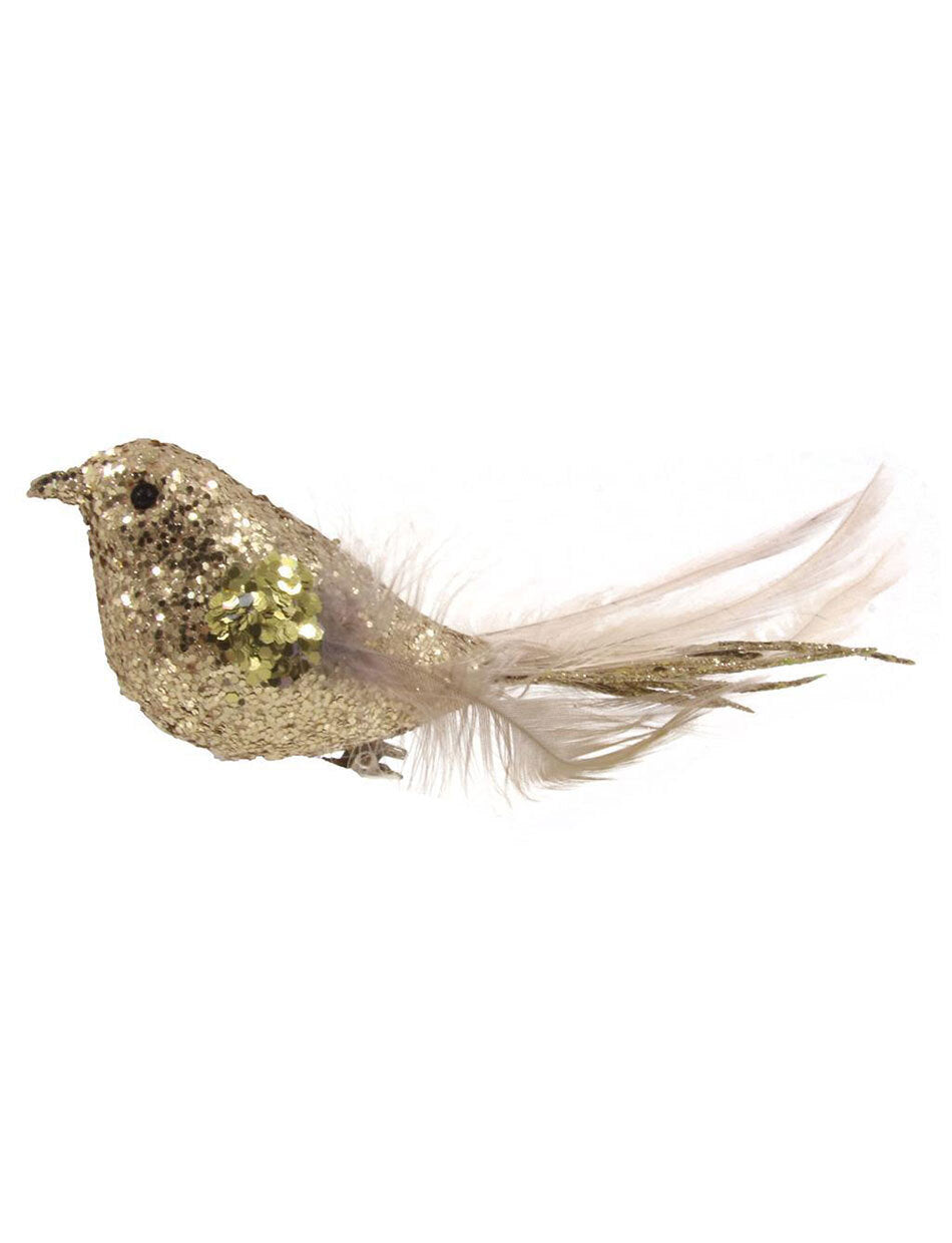Champagne Bird Christmas Tree Clip with Feathered Tail 16cm