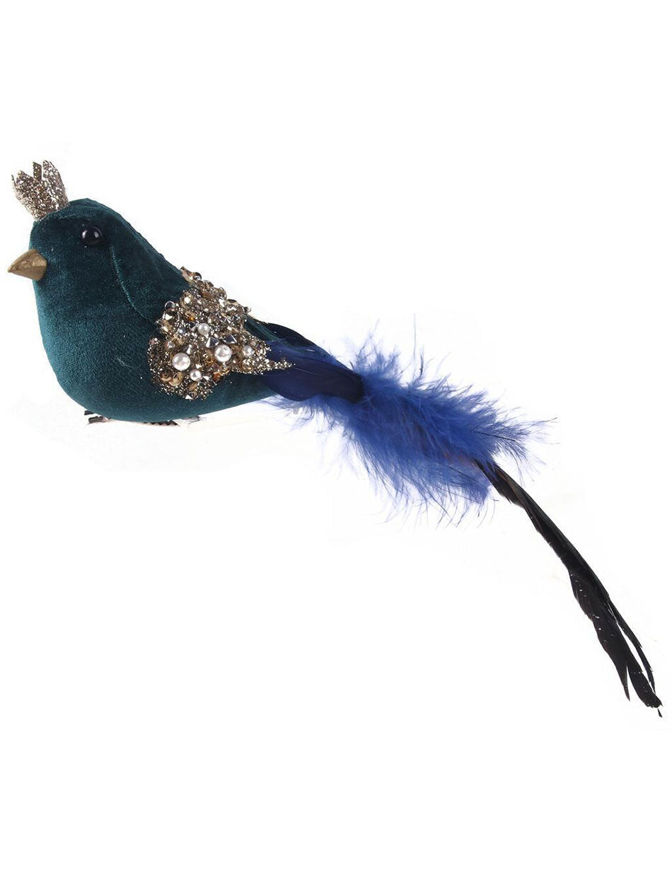 Emerald Velour Bird Christmas Tree Clip with Feathered Tail 29cm