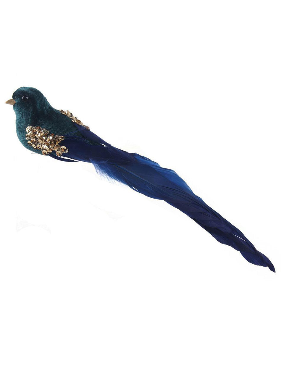 Christmas Tree Emerald Velour Bird with Feathered Tail 25cm