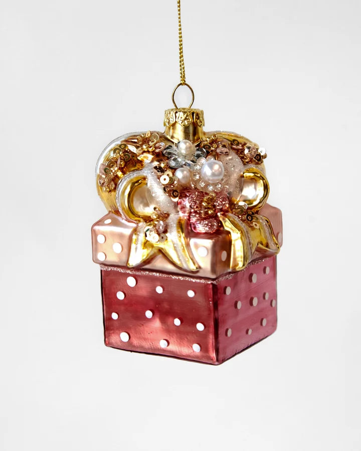 XMAS GIFT WITH BOW ORNAMENT - PINK/GOLD