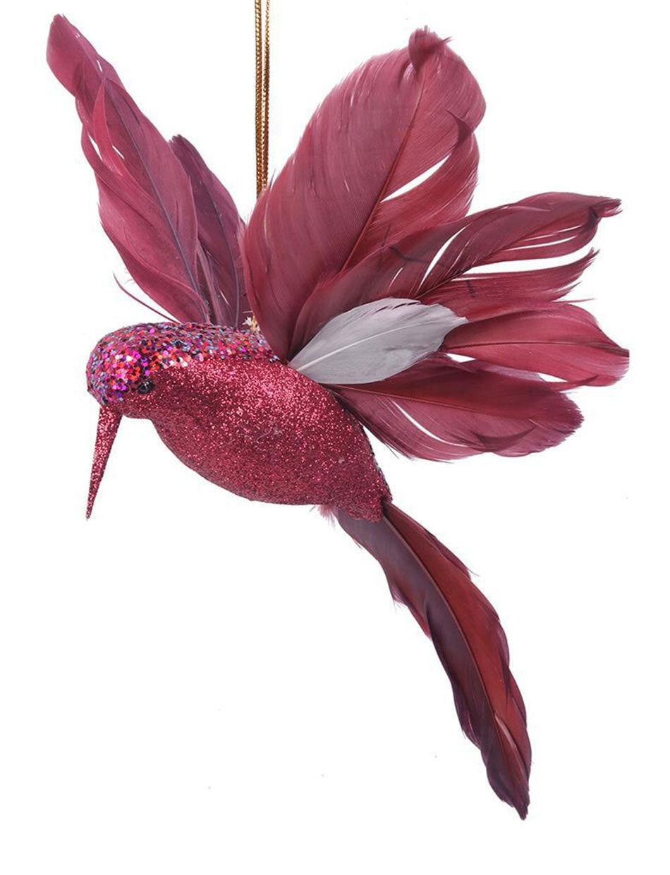 Christmas Tree Fuscia Hanging Bird with Feathered Tail