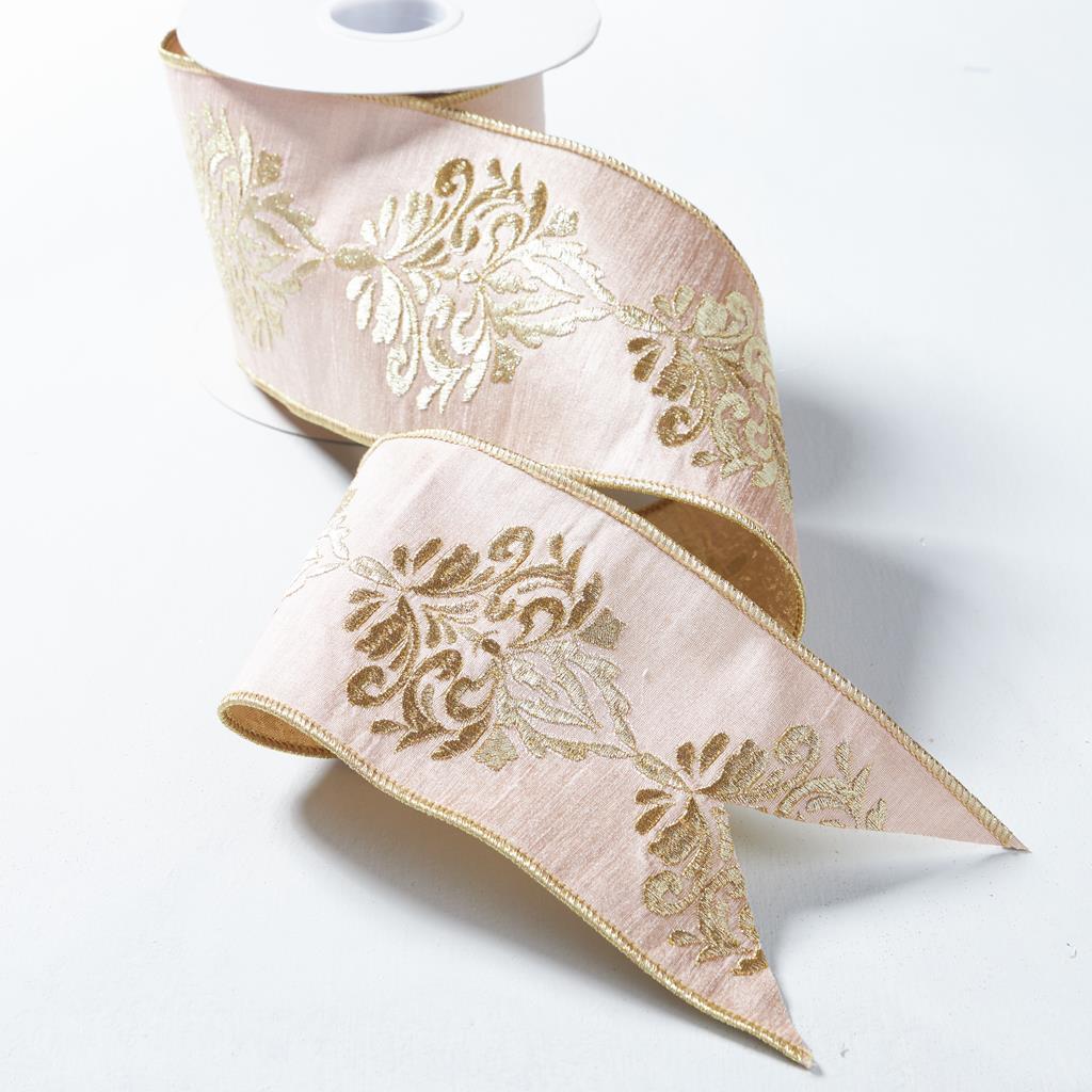 Blush PINK Dupion Ribbon With CHAMPAGNE Metallic Embroidery