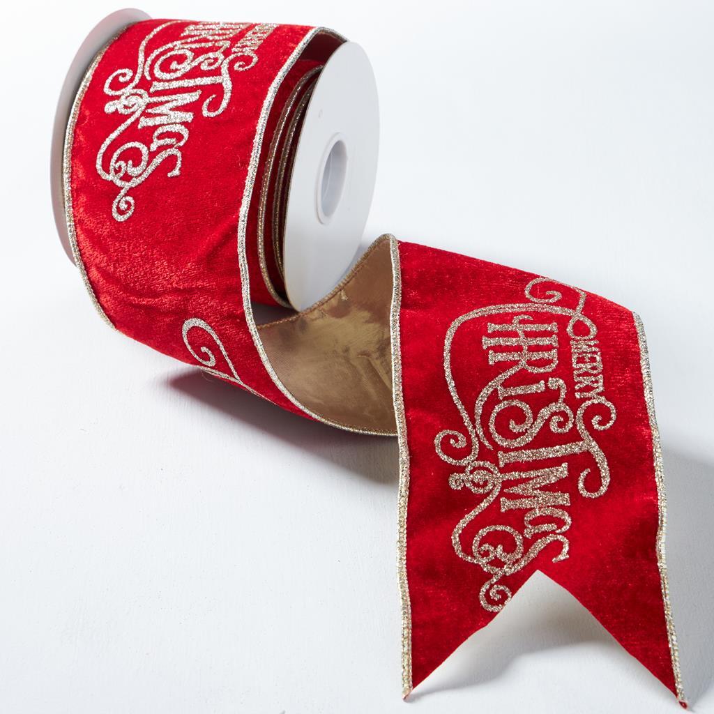 RED Velvet Ribbon With MERRY CHRISTMAS Glitter Detail