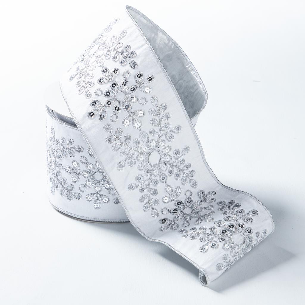 WHITE Durion Ribbon Embroided With Silver Sequin
