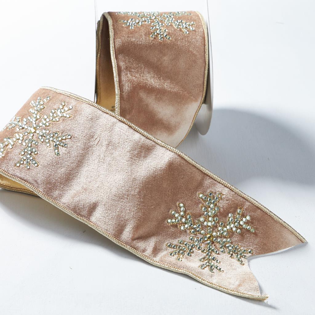 Taupe Velvet Ribbon with CHAMPAGNE Beaded Snowflake