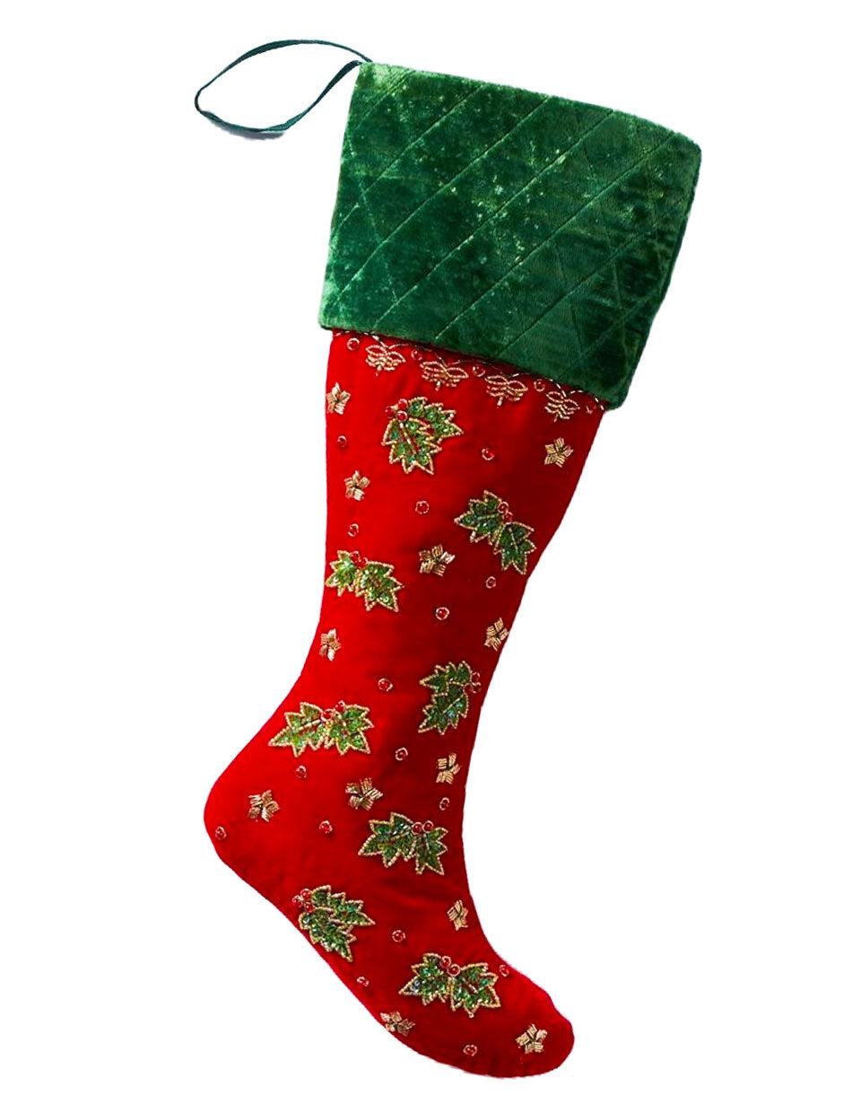RED Velour Stocking w/Holly Beading 58CM