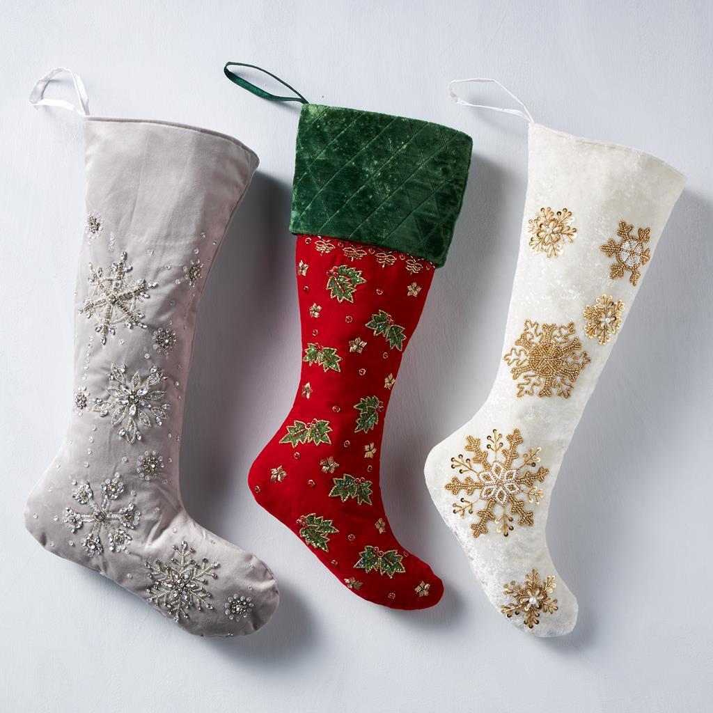 Silver Velvet Stocking With Silver Beading 58CM