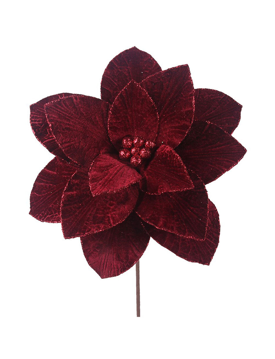 Burgundy Velour Poinsettia Christmas Tree Pick 30cm