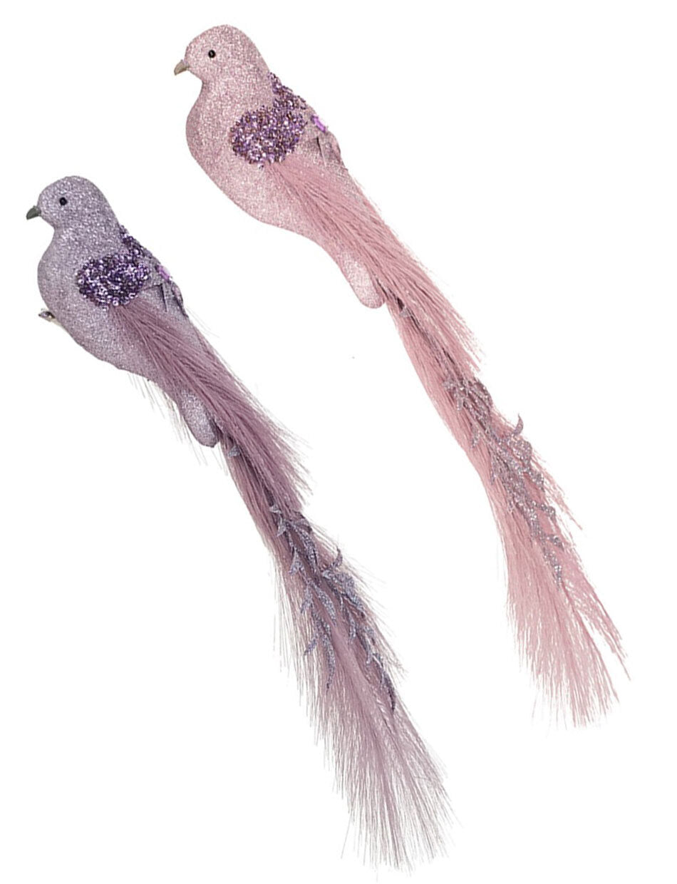Dusty Pink Lavender Birds Christmas Tree Clip Feathered Tail 42cm