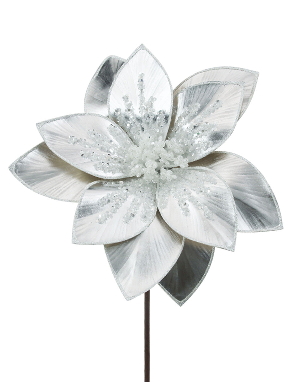 27CM SILVER LAME POINSETTIA WITH GLITTER DETAILS 50CM STEM