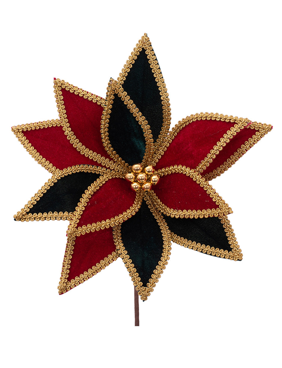 Harlequin Poinsettia Emerald Green and Red Flower Pick 32cm