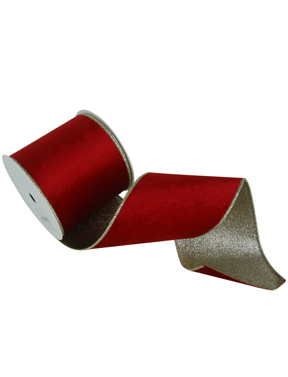Red Velvet Ribbon with Champagne Glitter and Wire Edge