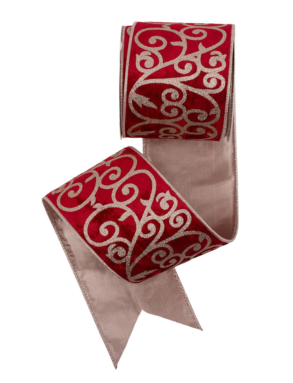 Red Velvet Ribbon with Gold Detailing and a wire edge