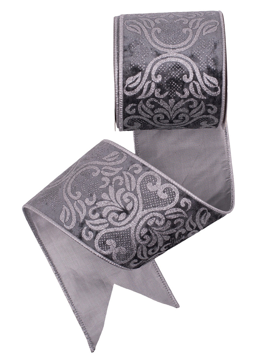 10CM X 10M GREY VELVET RIBBON W/GLITTER DETAIL & WIRE EDGE