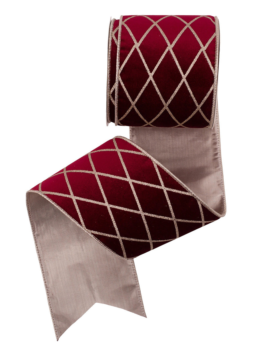 Burgundy Velour Ribbon with Lattice Detailing Wire Edge