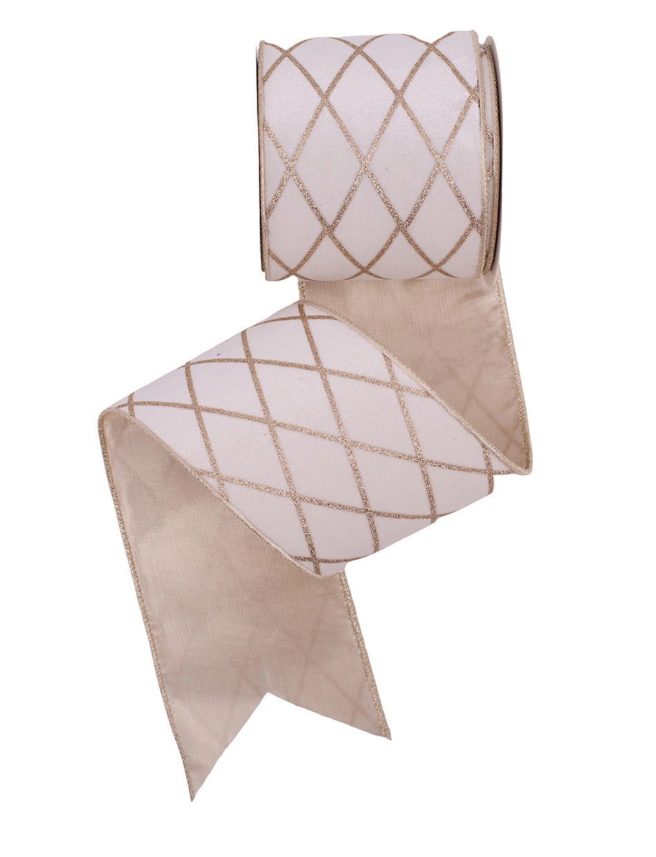 Ivory Velour Ribbon with Champagne Glitter Lattice and Wire Edging